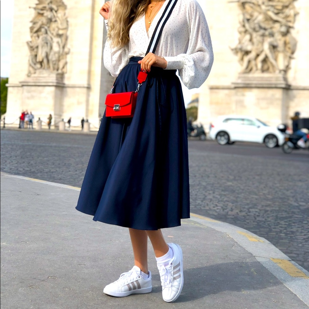 ZARA DEEP BLUE MIDI SKIRT XS WITH TIE BELT